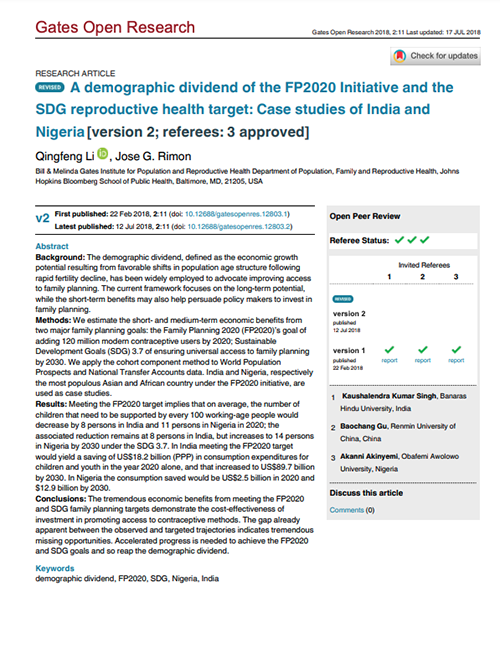 A demographic dividend of the FP2020 Initiative and the SDG reproductive health target: Case studies of India and Nigeria