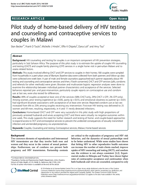 Étude pilote sur la prestation à domicile de services de dépistage du VIH, de conseil et de contraception aux couples au Malawi